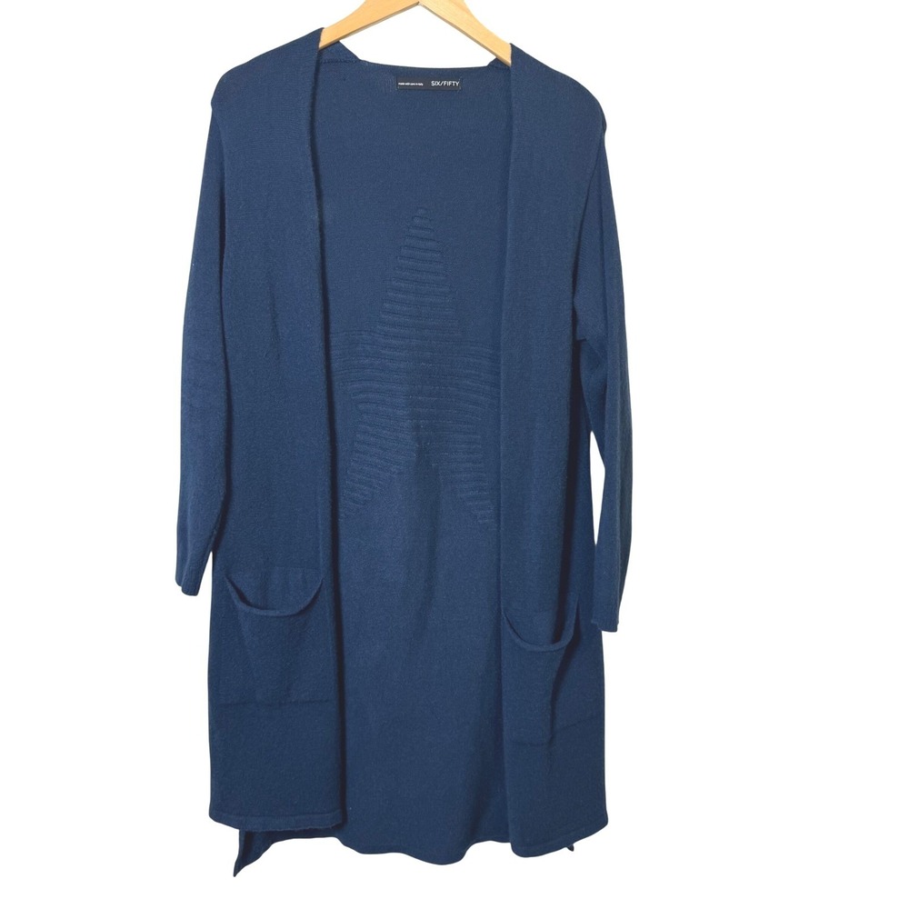 SIX/FIFTY Womens‎ Cardigan Medium Teal Open Front Duster Sweater Star detail